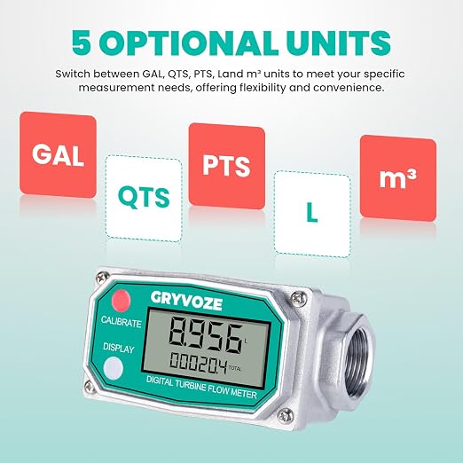 3/4 Inch Digital Turbine Fuel Flow Meter, 0.8-13.2 GPM Inline NPT Thread Flowmeter for Water, Diesel, Gas Oil, Kerosene, Methanol, and Other Liquids - Supports Gallon, QTS, PTS, L, m³