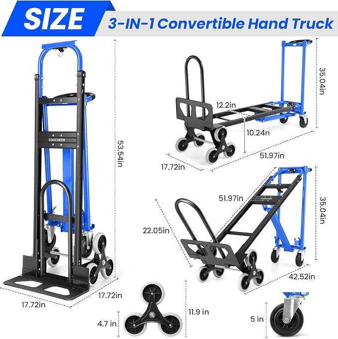 Professional 1000LBS Stair Climbing Hand Truck, Heavy Duty 3-in-1 Aluminum Convertible Dolly Cart with Solid Wheels for Moving, Office, Travel (Blue)