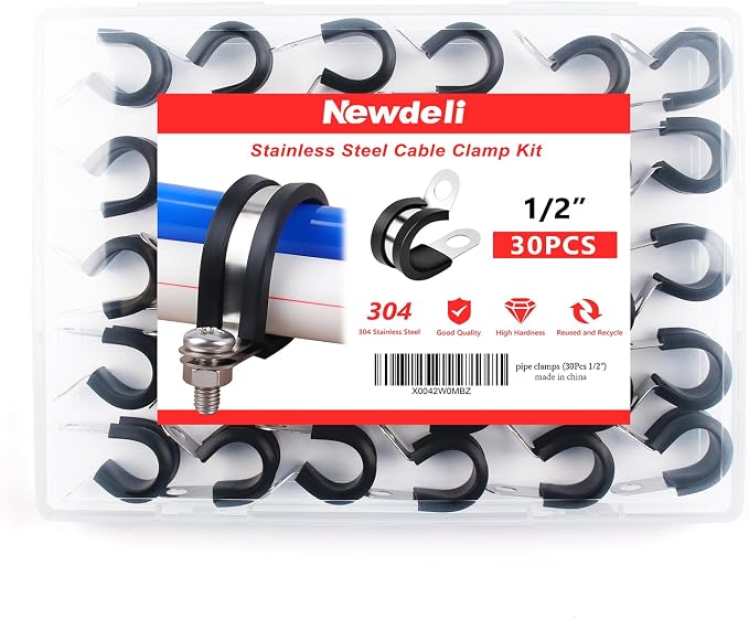 Newdeli 30Pcs Cable Clamps 1/2 Inch Stainless Steel Cable Clamp Rubber Cushioned Hose Clamp Insulated Tube clips Automotive Wire Pipe Clamps