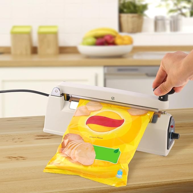8 Inch Commercial Impulse Bag Heat Sealer Machine | Compact portable heavy duty manual heat sealer with 3mm strip. Solid aluminum build for PE/PP, coffee & snack food bags.