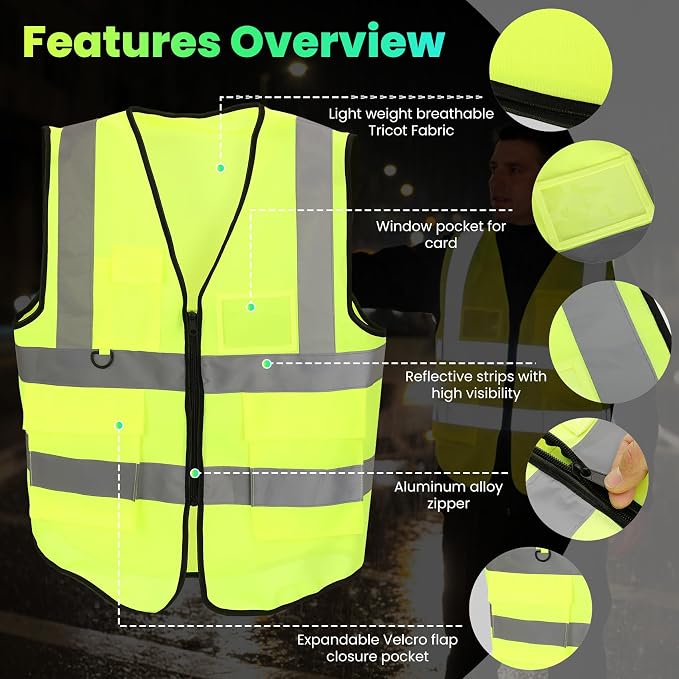 30 Pack High Visibility Reflective Safety Vests with Pockets and Zipper, High Visibility Mesh Construction Vest