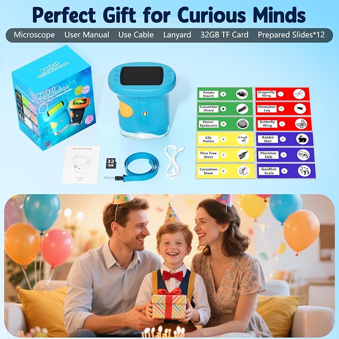 Odatay 4K 1000X Digital Microscope for Kids with Long Distance Viewing & 2.4" Screen, Portable Handheld Edu Toys for Kids Age 3-12 Exploring Bugs Plants at Home Classroom & Outdoor Travel, Blue