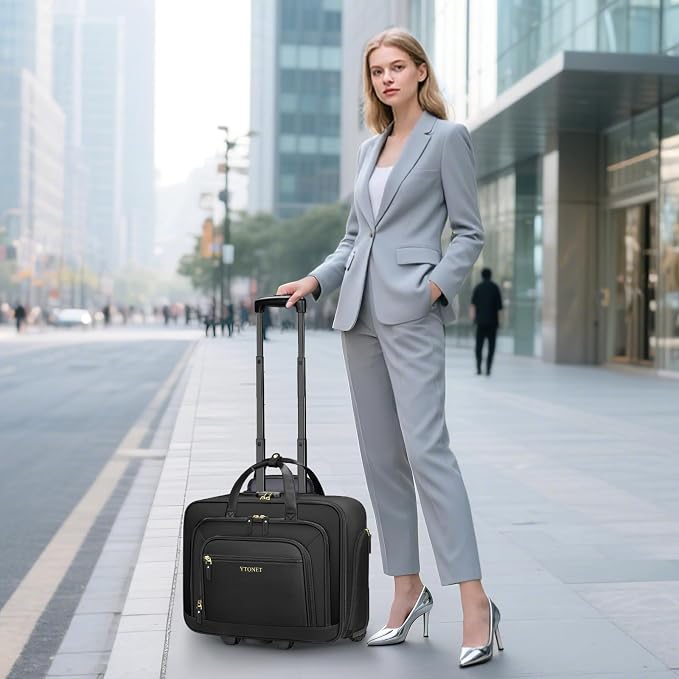 Ytonet Rolling Laptop Bag Women, 17.3 Inch Laptop Briefcase with Large Cup Holder, Carry On Luggage with Insulated & Waterproof Pocket, Roller Bag with Lock, Teacher Bag for Work Travel,Black