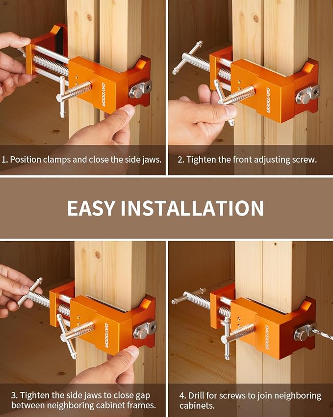 DAYDOOR Professional Cabinet Installation Clamps 4 Pack, Heavy Duty Face Frame Alignment Tool with Integrated Drill Guide & EVA Protection, Woodworking Claw Clamps, Orange