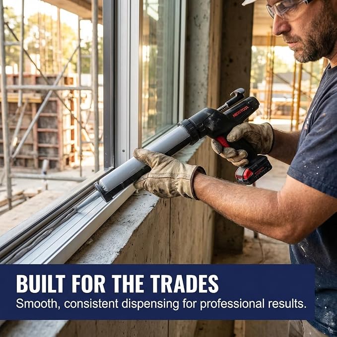 Heavy Duty Caulking Gun | 12V Cordless Drive | 20oz Sausage Foil Pack Cartridges 600ml | 450lbs Thrust | No Drip Professional Calking for Painters, DIYers, Automotive, Contractors