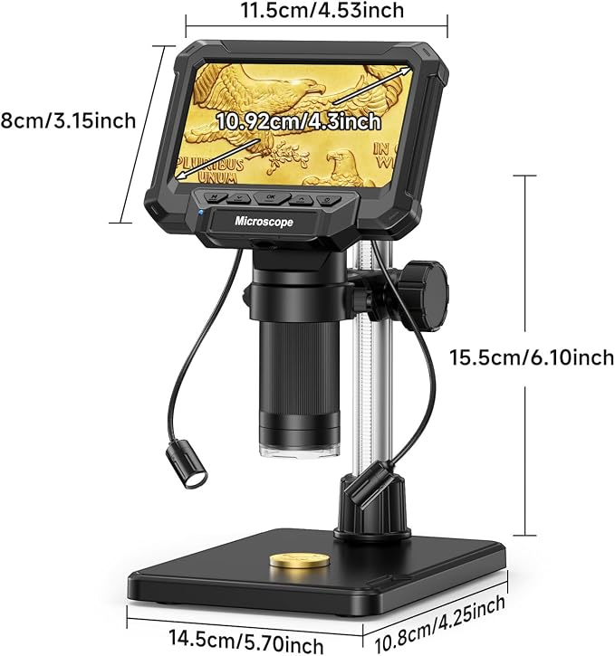 4.3" Coin Microscope for Error Coins (Detail View Only), 1000X Digital LCD Magnifier with Anti-Glare Side Lights, 1080P USB PC View (Win/Mac), Rechargeable Scope for Numismatic Grading