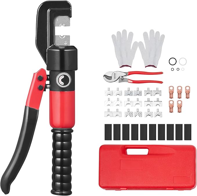 VEVOR Crimping Tool, AWG12-2/0 Copper And Aluminum Terminal Battery Lug Hydraulic Crimper, with a Cutting Pliers, Gloves, 5pcs Copper Ring Connectors, 8 x Heat Shrink Sleeves and a Blow Moulded Case