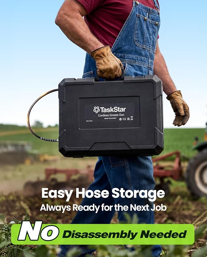 TaskStar Grease Gun with Lock-On Trigger for Effortless Greasing, Cordless Electric Grease Gun Kit, 2 Batteries, 40" Hose & LED Light, 14 oz Capacity for Tractor, Truck & Equipment Maintenance