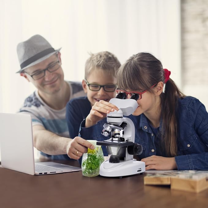 SELFIE CAT 200X-5000X Binocular Compound Microscope for Adults & Students | Wide-field optics, 4 achromatic objectives, mechanical stage, coaxial focus and phone adapter for school, home and lab use.