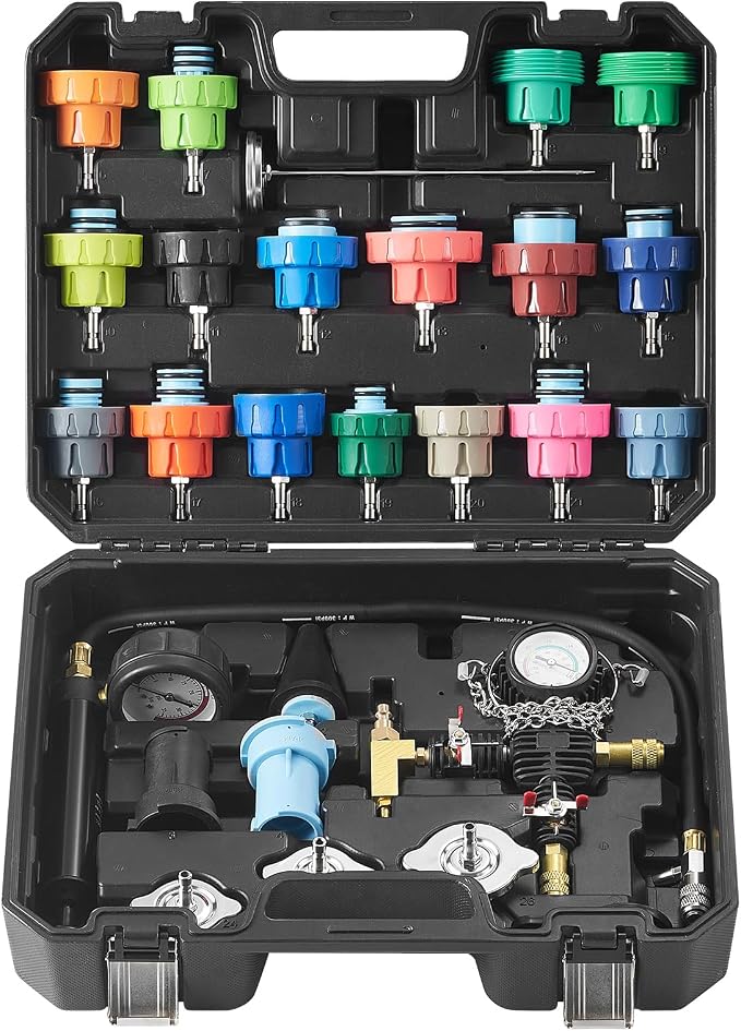 VEVOR 28 pcs Universal Radiator Pressure Tester Kit, Coolant Pressure Tester Kit with Manual Pump and Color-Coded Test Caps, Coolant Vacuum Refill kit for Cars Motorcycles Trucks Cooling System