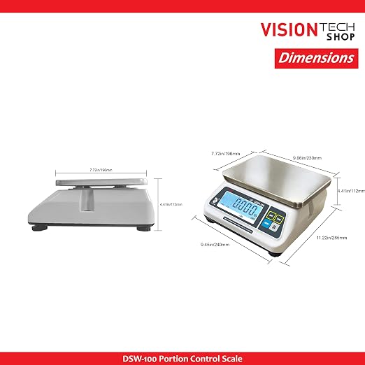 VisionTechShop DSW-100 Portion Food Scale with Single LCD Display, Stainless Steel Platter, 60lb Capacity, 0.02lb Readability, Lb/Oz/Kg/g Switchable, NTEP COC #22-007, NSF Certified