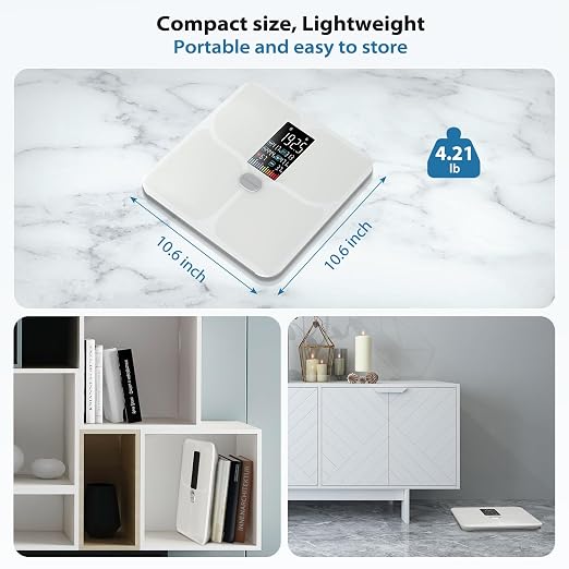 ABLEGRID Body Fat Scale,Digital Smart Bathroom Scale for Body Weight, Large Color Display Screen, 22 Body Composition Metrics BMI, Water Weigh, Heart Rate, Baby Mode, 400lb, Rechargeable (White)