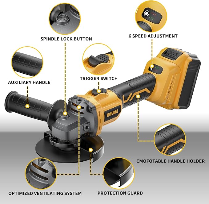 Angle Grinder 4-1/2" Cordless Compatible with DEWALT 20V Max Battery, Brushless Grinder Tool, 6 Variable Speed for Cutting Grinding Polishing (Tool Only)
