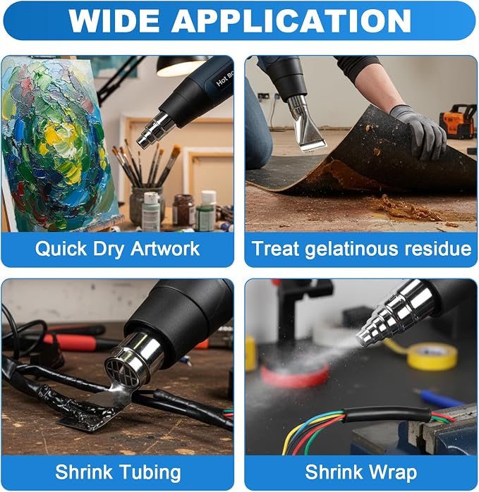 Heat Gun for Crafting, 1800W Handed Hot Air Gun 122°F-1202°F, 5.25FT Ultra-Long Cable Portable Heat Gun with Stand and Power Cord for Shrinking Wrapping PVC, DIY Embossing and Drying Paint (Black)