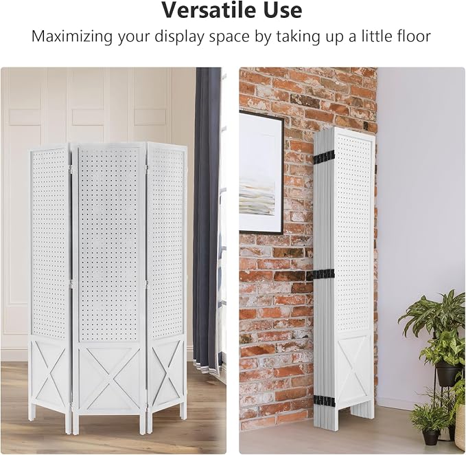 VINGLI Freestanding Pegboard with Support Feet, 5 FT Wood Room Divider Display Board Organizer, Folding Privacy Screen Partition Space Separator for Craft Shows Events Retail (White, 6 Panel)