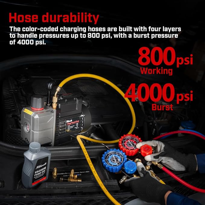 XtremepowerUS 1/3 HP 3.5CFM Single Stage A/C Vacuum Pump and AC Manifold Gauge Kit, for R32, R134a R22 R410a Systems, HVAC Air Conditioning Refrigeration Recharging Can Tap