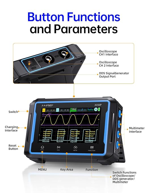 FNIRSI 2C53P Handheld Tablet Oscilloscope Multimeter DDS Signal Generator 3 in 1, 2CH Automotive Oscilloscope Multimeters with 50Mhz Bandwidth, 19999 Counts, 250MS/s Sampling, 4.3 inch Touch Screen