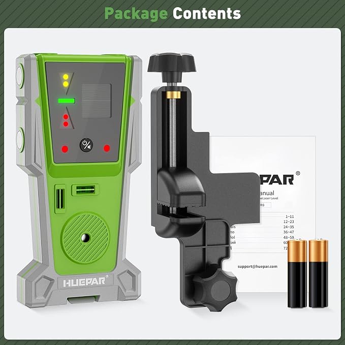 Huepar LR-8RG Laser Receiver, Compatible with All Huepar and Pro Laser Levels with Pulse Mode, ±1/17 In, Up to 200Ft, Green & Red Beams Laser Detector, Two-Sided LED Prompt, Magnet, Clamp Included