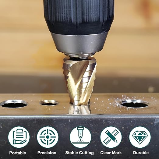 Four Spiral Flute Step Drill Bit Set, 5PCS 1/8"-1-3/8" (59 Sizes) High-Speed Steel Unibit Step Bits with 1/4" and 3/8" Hex Shank for Metal Stainless Steel Aluminum Wood Plastic