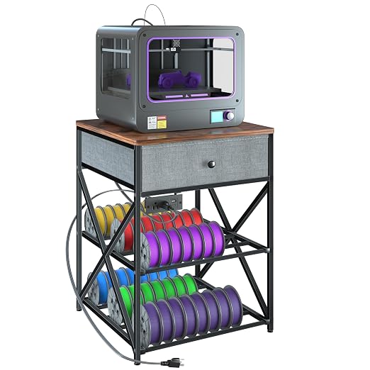 DALEHMOME 3D Printer Stand with Storage, 3D Printer Table with Power Outlet, Sturdy Metal Frame Workstation with Fabric Drawer for 3D Printing, Rustic Brown, 23.6" L x 23.6" W x 31.5" H