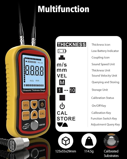 GM100 Digital Ultrasonic Thickness Gauge Meter, Range 0.047 to 8.85in, for Measuring Metal and Nonmetal Aluminum, Zinc, Silver, Gold, Tin, Iron, Steel, Copper, PVC, Glass, Zirconium, Nylon