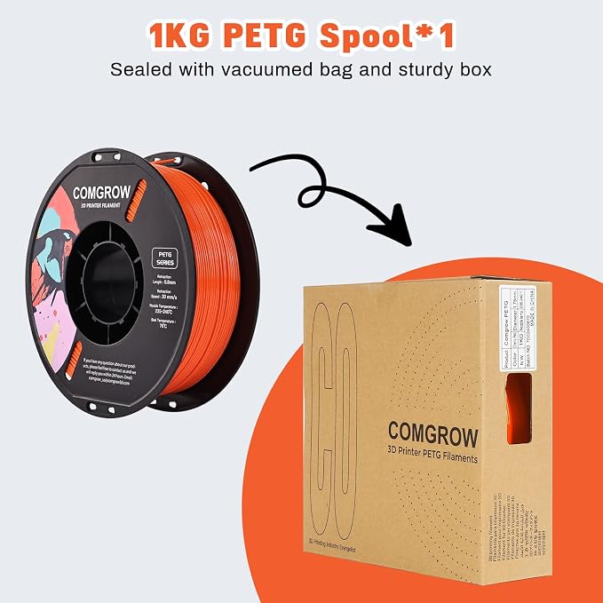 Comgrow PETG 3D Printer Filament 1.75mm, High Precision and Tough 3D Printer Filament 1kg (2.2LBS), Dimensional Accuracy +/- 0.02 mm, Fit Most 3D Printers Orange