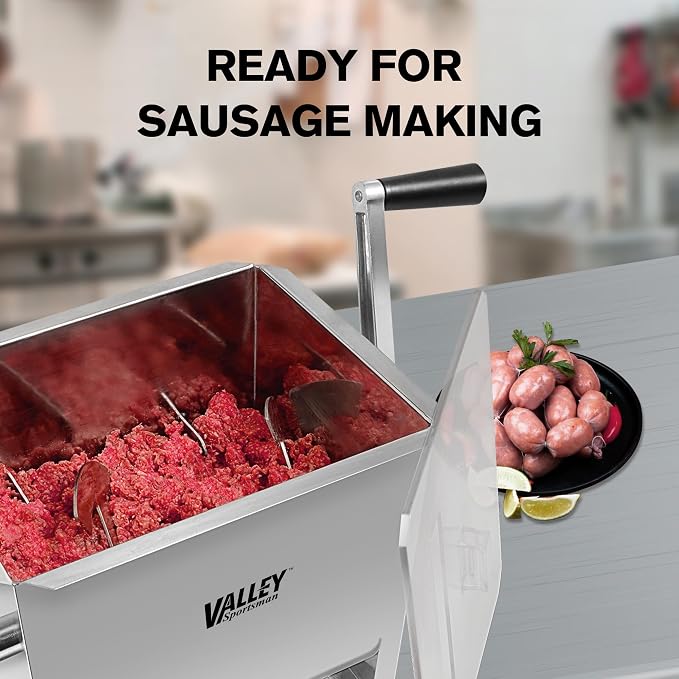 Valley Sportsman Meat Mixer, 4.2 Gallons 18 Pound Capacity, Manually Cranked or Motorized Sausage Mixer Machine for Mixing, Stainless Steel, Both Commercial and Household Use