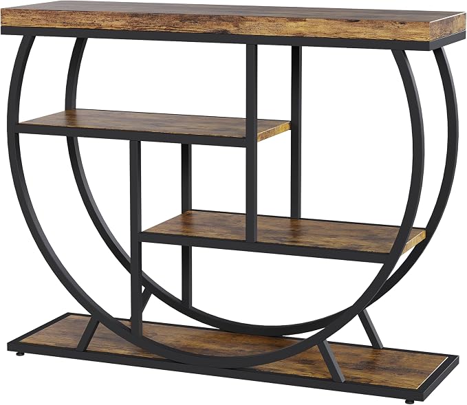 Garvee Entryway Table with Storage, Industrial 4-Tier Narrow Console Table Behind Couch with Half-Circle Base & Storage Shelves for Living Room, Hallway, Foyer