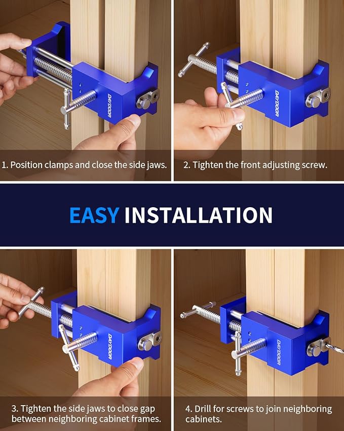 DAYDOOR Professional Cabinet Installation Clamps 4 Pack, Heavy Duty Face Frame Alignment Tool with Integrated Drill Guide & EVA Protection, Woodworking Claw Clamps, Blue