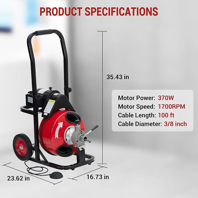 Auto Feed 100 FT x 3/8 in Drain Cleaner Machine with 370W Motor, Portable Sewer & Plumbing Snake Auger with 8 Cutters and Air-Activated Foot Switch, Electric Drain Snake for 1"–4" Pipes