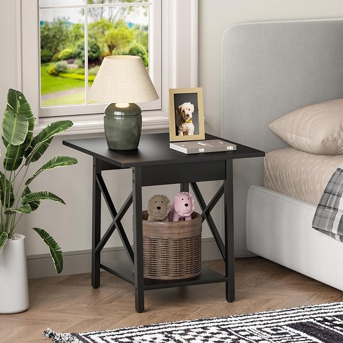 GreenForest Square End Table 24 Inch with X-Frame 2-Tier Storage | Nightstand for Living Room & Bedroom, Rustic Decor, Sturdy, Waterproof Scratchproof Top, Easy Assembly, Black