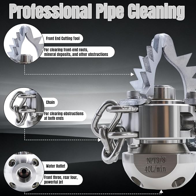 3/8 NPT Sewer Jetter Rotating Nozzle Root, 40L/Min, 360° High Pressure Cleaning Tool (with Detachable Chain), Suitable for Home Drains, Commercial Pipes, Industrial Pipes