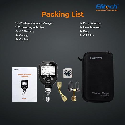 Elitech Full-Range Micron Gauge, 0-760000 Micron, Wireless Digital Vacuum Gauge with Adaptor Pressure Tester Meter HVAC, Alarms via APP, Offline Recording, 1/4" SAE, VGW-760Pro