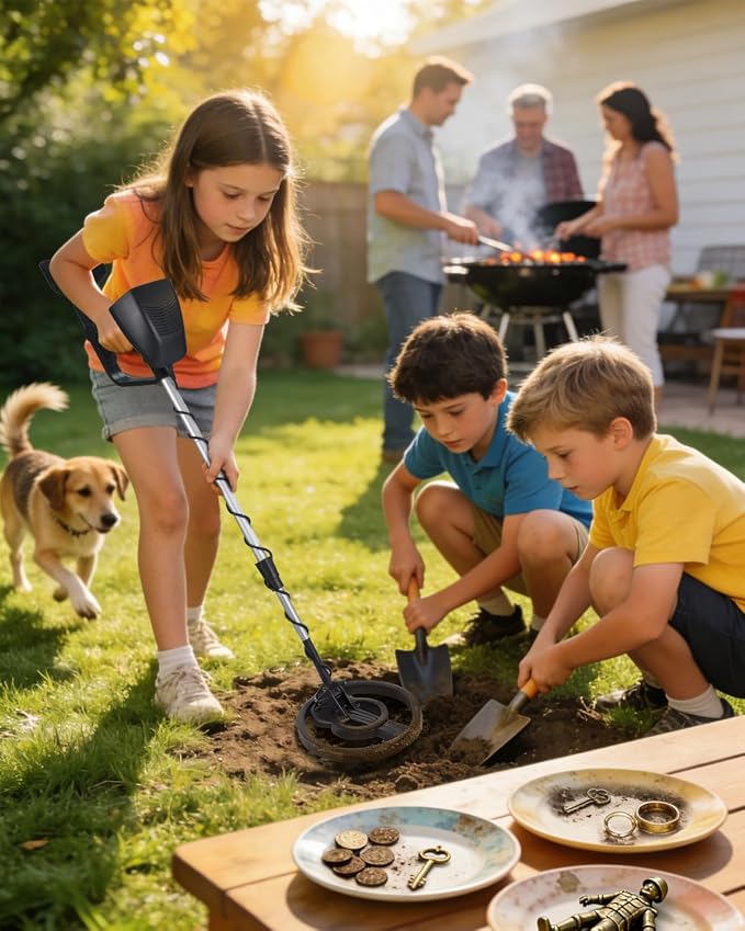 Rechargeable Metal Detector for Kids & Adults, Lightweight w/8” Waterproof Coil, Adjustable 31.5"-41.5", 12Hr Battery, Shovel Included - Beach Treasure Hunting