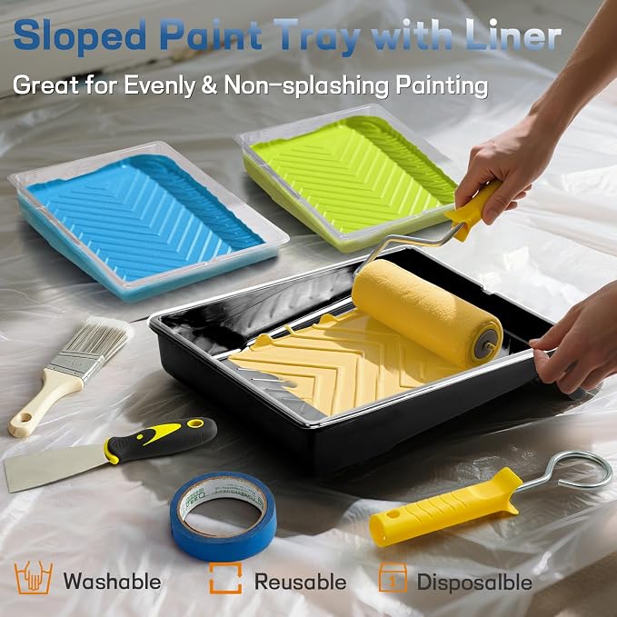 29 PCS Paint Roller Kit-Rocfinity Paint Roller with 4ft Extension Pole,Microfiber Paint Rollers 9 inch 4inch,Pro House Painting Supplies with Adhesive Tape, Non-Slip Tray for Painting Walls & Ceilings