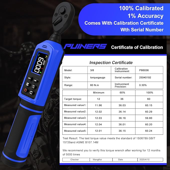 Digital Torque Wrench 3/8 Inch Drive 0.66-44.3 FT.LB (0.9-60Nm),Electronic Inch Pound Torque Wrench ±1% Accuracy 5Units,with Extension Bar 1/4" Adapter for Car,Motorcycle,Bicycle Buzzer Alarm