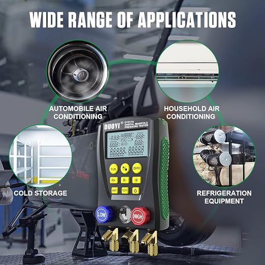 Digital Manifold Gauge Set Air Conditioning/Refrigerator Digital HVAC Gauges Double Pressure&Temp Test Air Conditioning Tools & Equipment Manifold HVAC with Tricolor Hose, 2 Pairs of Test Clamps