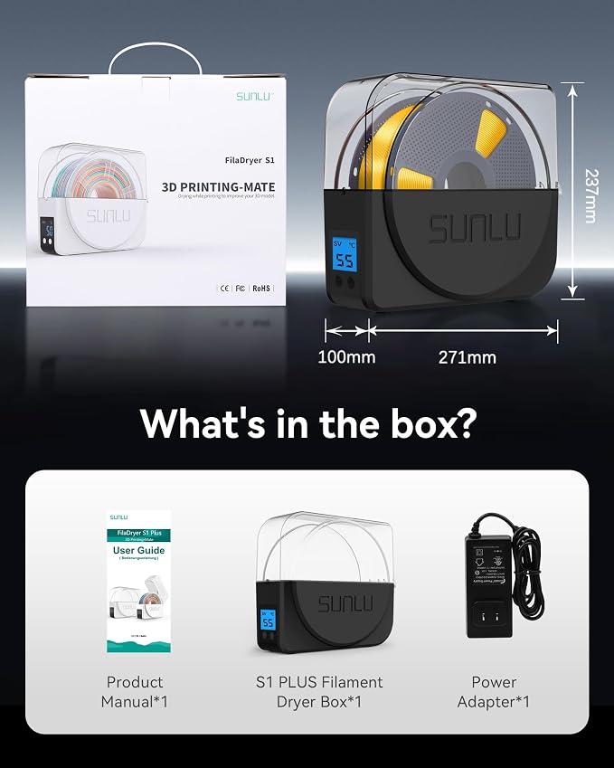 SUNLU Filament Dryer Box 2026 New Upgrade S1 Plus, Black | Fan Design, Keeps 1.75 2.85 3.00mm Filament Dry, Compatible with PLA PETG ABS, Filament Storage & Dehydrator
