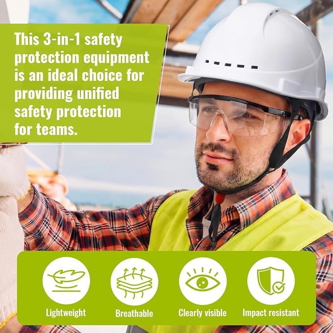 Mumufy 18 Pcs Suspension Hard Hats Safety Helmets Vented Cap Style Helmet with High Visibility Vest Mesh Reflective Anti Fog Safety Goggles Adjustable Temples for Construction Work(White, Yellow)