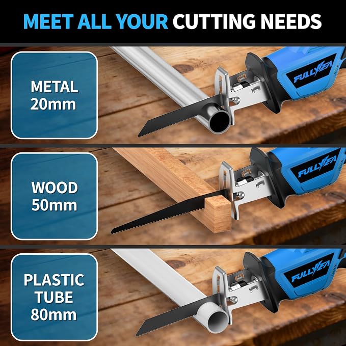 FULLYEA Reciprocating Saw Cordless, 0-3500SPM Variable Speed Reciprocating Saws with 4 Saw Blades, Tool-Free Blade Change, Electric Reciprocating Saws for Woods/Metal/Plastic Cutting,Blue