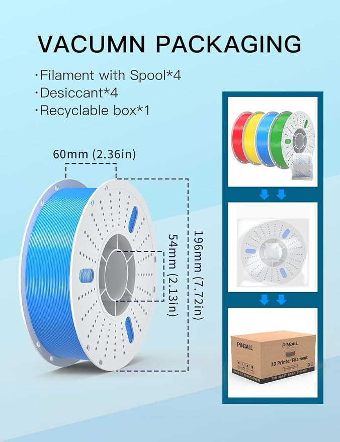 PINBALL PETG 3D Printer Filament 1.75mm High Precision Durable Strong Filament Mith Better Flow Dimensional Accuracy +/- 0.02mm Suitable for Most FDM 3D Printers 4 Kilograms Red, Yellow, Green, Blue