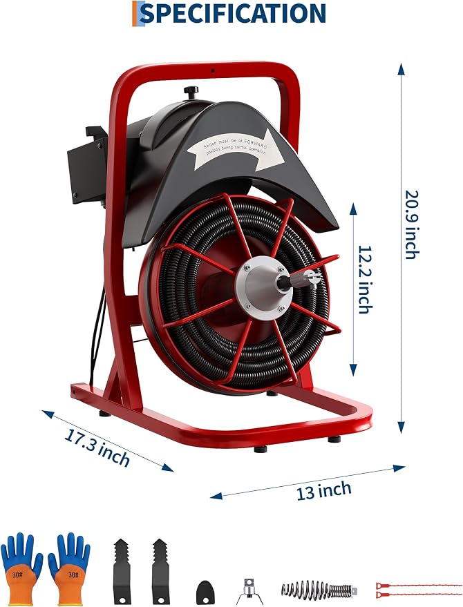 GarveeTech Drain Cleaner Machine 75FT x 1/2 Inch Steel Core Cable Portable 370W Electric Drain Cleaning Machine