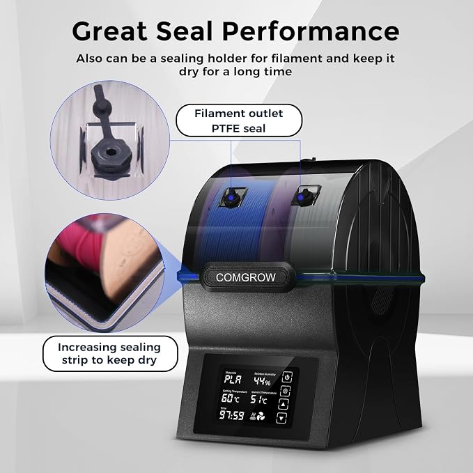 Comgrow Filament Dryer Box, SH02 Dry Box Filament Sealed Storage Box 3D Printer 2 Spools Holder with PTC Fast Heater, Filament Dehydrator with Touch Screen Compatible with PLA PETG TPU ABS 1.75/2.85mm