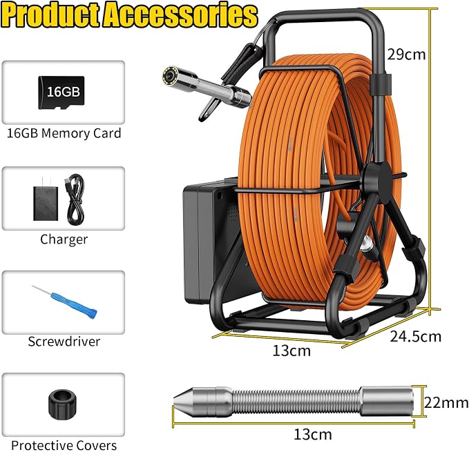 Sewer Camera 100FT/30M Borescopes Plumbing Snake Pipe Inspection Camera 22mm with 8500Mah Battery 4.3" IPS Screen 12 LEDs HD 1000TVL (22MM NO DVR Function)