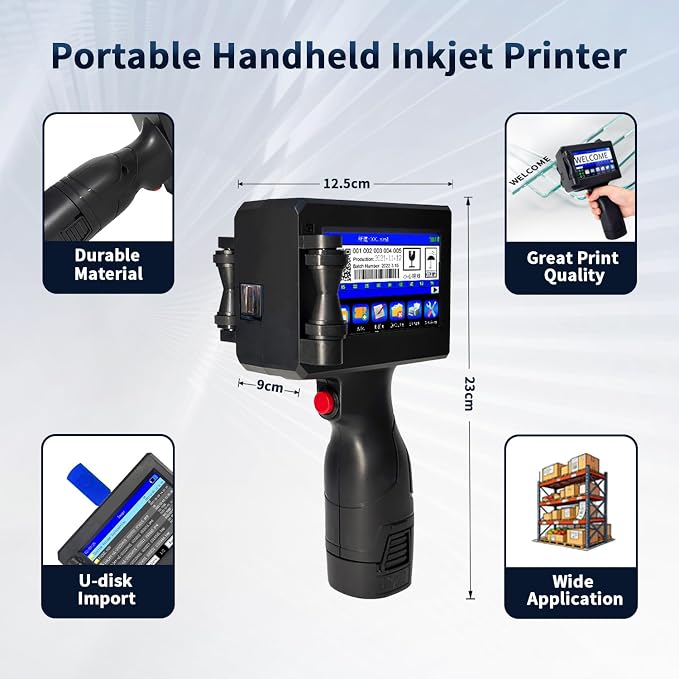KAKAONE Handheld Inkjet Printer, 0.5" Nozzle Portable Coding Machine for QR Code Barcode Date Logo Batch Number on Metal Plastic Wood Glass Fabric Paper
