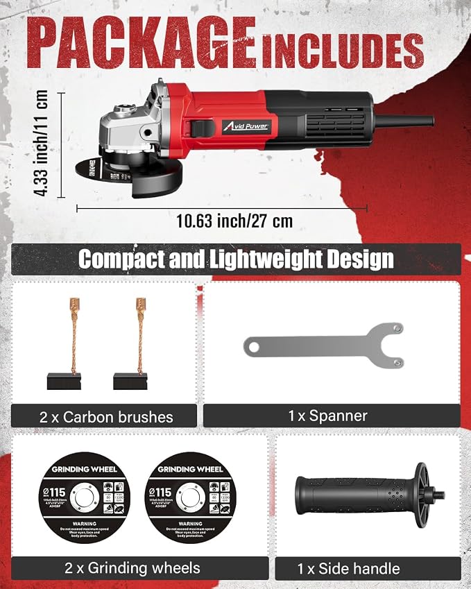 AVID POWER Angle Grinder 4-1/2 inch Electric Grinder Tools 750W 6.5 Amp Metal Grinder, 11500 RPM, with Grinding Wheels, Auxiliary Handle, Wrench for Grinding