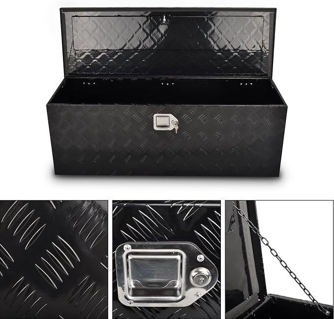 44 Inch Aluminum Truck Bed Tool Box, 5 Bar Tread Truck Tool Box with Lock&Keys, Heavy Duty Waterproof Flatbed tool box for Vans, Trailers, RVS,Trucks, Black(44"x15"x15")