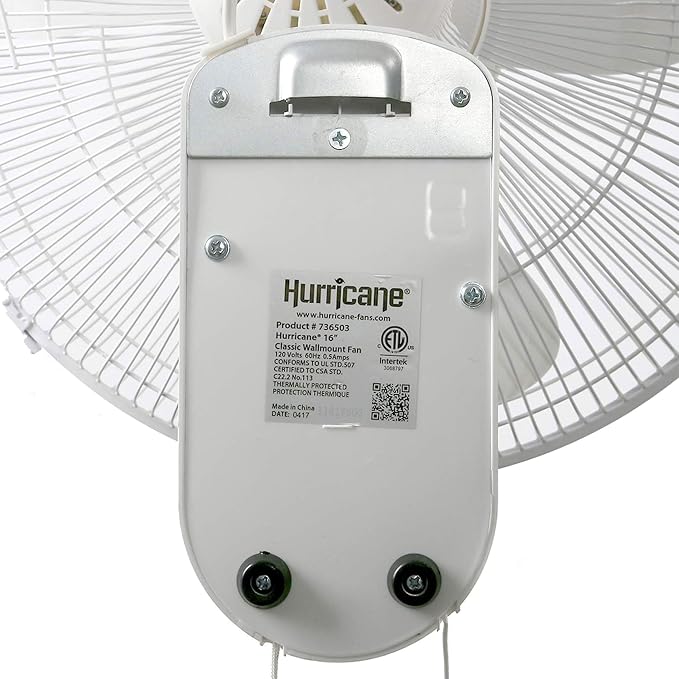 Hurricane Classic Oscillating Wall Mount Fan w/ 3 Quite Speeds, White, 16" - Corded Electric Air Cooling Unit w/ Easy Pull Cord Controls for Home, Grow Tents, Offices, Sheds, Studios, Garages & Dorms