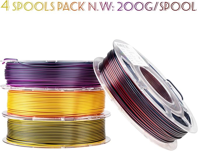 Chitu Systems Conjure Silk PLA 3D Printer Filament, 1.75mm Dual Color Filament Bundle, Silk Black Red+ Black Purple+Red Gold 3D Printing Filament 4x200g/1.8lb