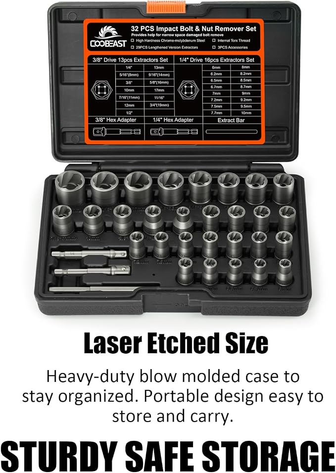 Coobeast Bolt Extractor Kit, 32Pcs Impact Bolt & Nut Remover Set, Stripped Bolt Extractor Socket Set for Damaged, Frozen, Rusted, Rounded, Broken Bolts Nuts Screws Remove